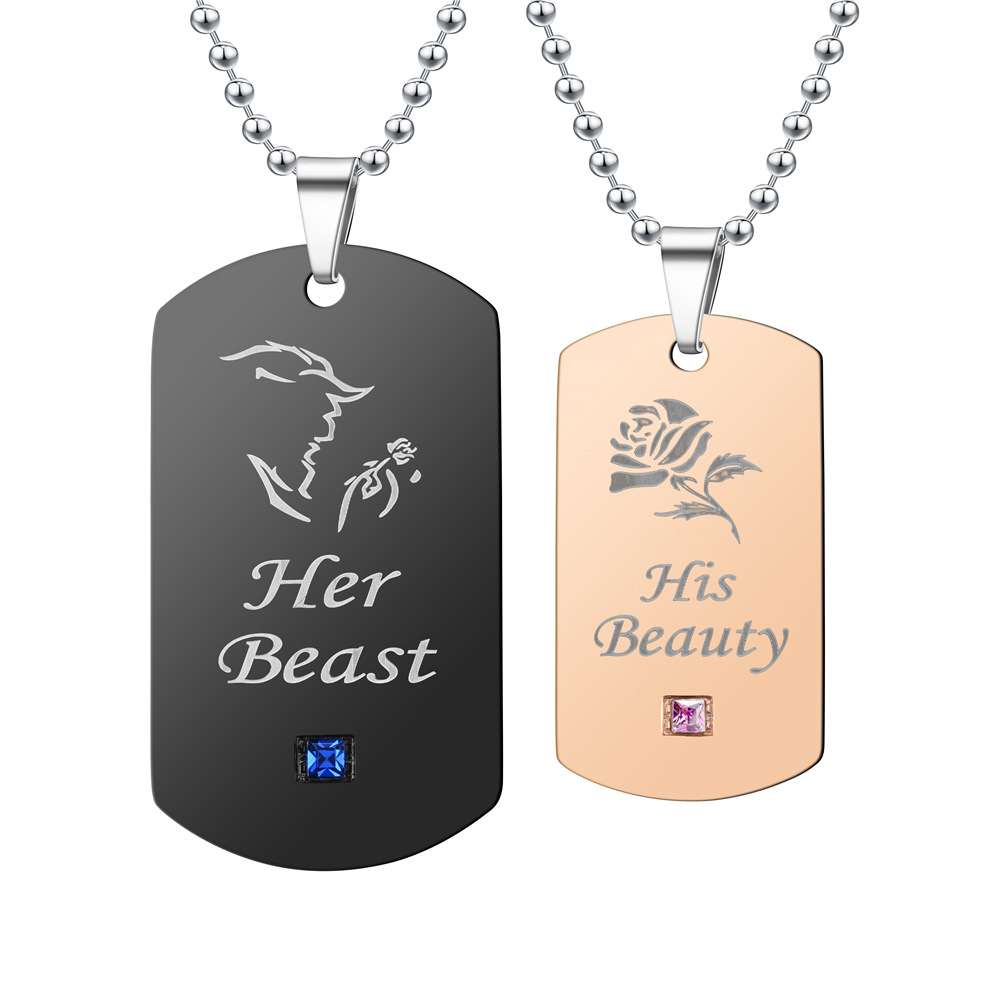 Black One Arrow Through The Heart Her Beast His Beauty Couple Diamond Tag Necklace Wholesale display picture 8