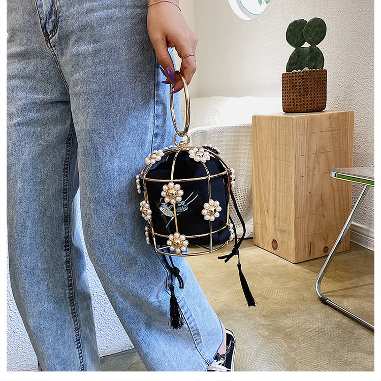 Fashion Pearl Sun Flower Hollow Black Rhinestone Handmade Portable Birdcage Dinner Basket Bag display picture 47