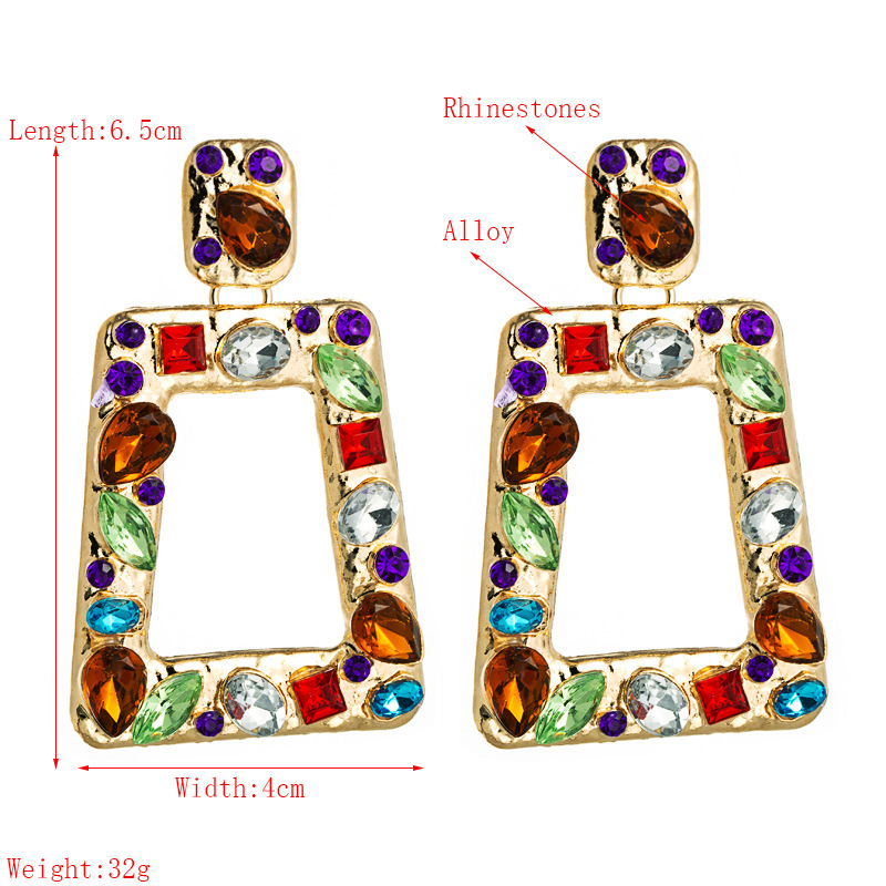 Exaggerated Hollow Geometric Square Earrings Alloy Inlaid Color Rhinestones Exaggerated Earrings Wholesale Nihaojewelry display picture 1