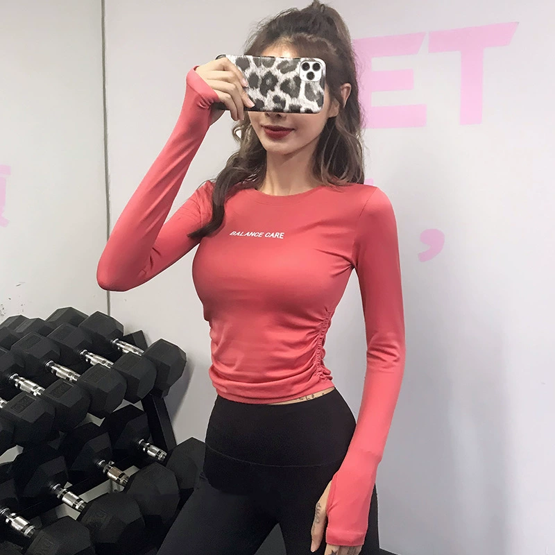 Спортивная куртка с надписью на груди, обтягивающий сексуальный тонкий костюм для йоги, быстросохнущая футболка, чистая красная одежда для бега с длинным рукавом, весна и осень