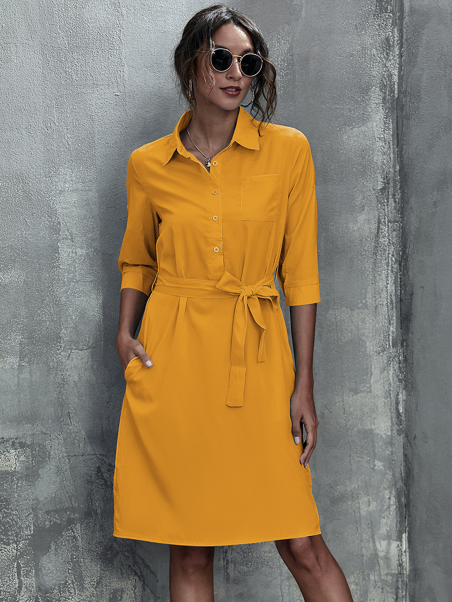 Three-quarter Sleeve Belt Pure Color Dress NSAL1929