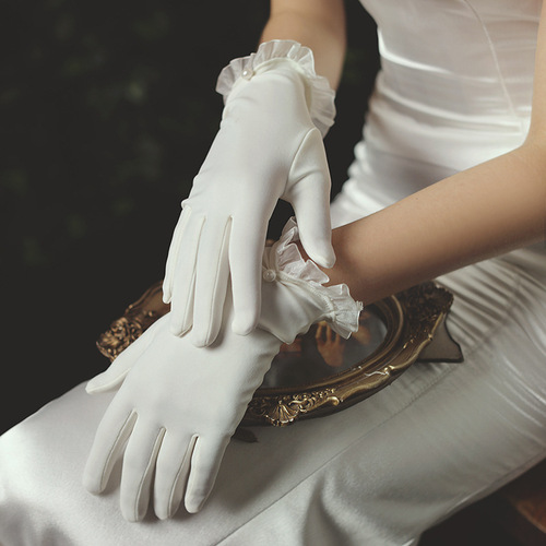 New bridal wedding dress gloves short tulle pearl white gloves