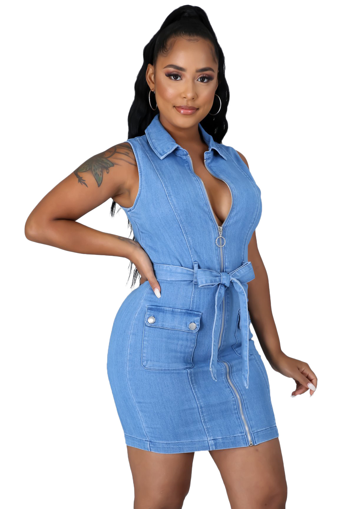 Skinny lapel sleeveless lace-up zipper Denim Dress NSXLY119754