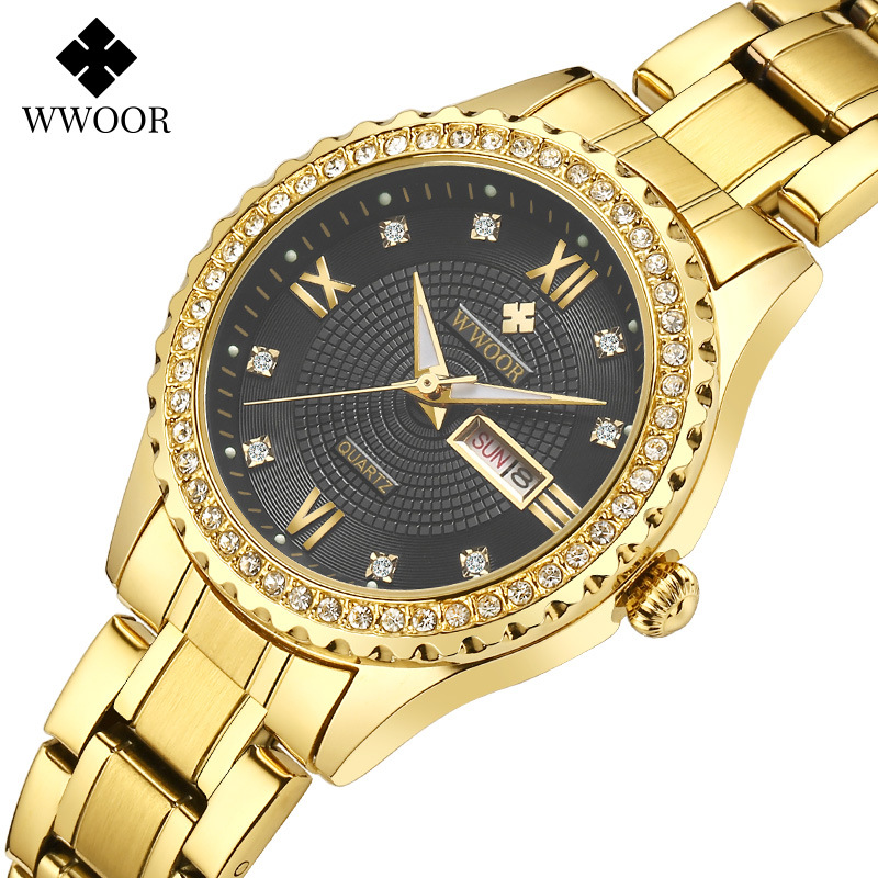 WWOOR Holding Love nueva pareja casual reloj de cuarzo para hombre calendario impermeable rhinestone reloj de moda para mujer 8856