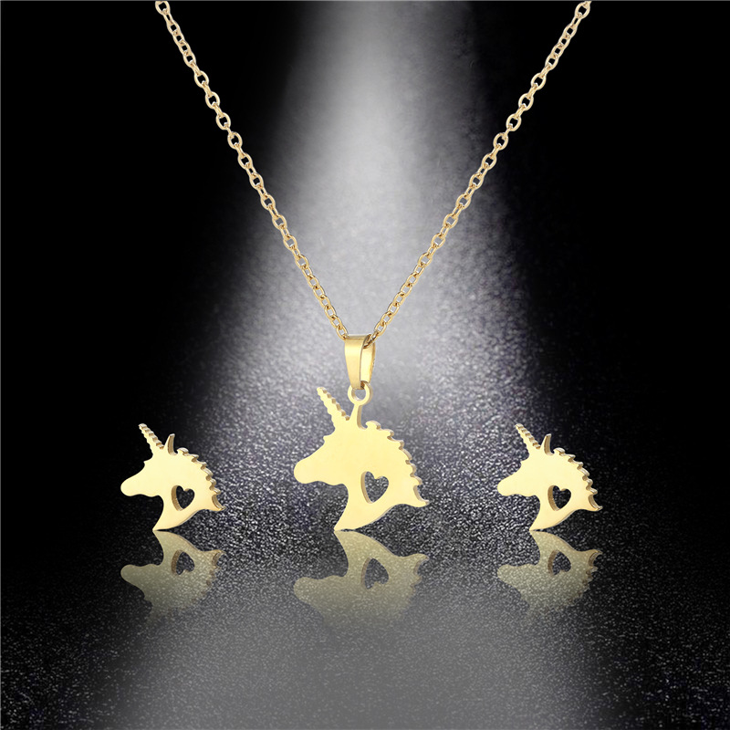 stainless steel unicorn earrings necklace set animal necklace clavicle chain