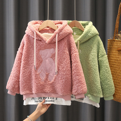 Children's clothing Sweater Plush thickening Hoodie Little Bear Sweater leisure time Sweatshirt girl fashion False two sweater