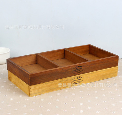 Zakka 복고풍 나무 데스크탑 보관 상자 가정용 잡화 정리 화장품 보석 상자 3칸 작은 나무 상자