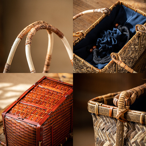 Handmade bamboo woven bags, Chinese retro Zen tea clothes, bamboo baskets, tea art tea set storage bags, women's handbags