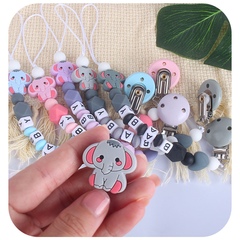 Personalizable bebé chupete clip de plástico bebé calmante cuentas de silicona elefante mordedor molares Cadena de chupete cadena anti-caída