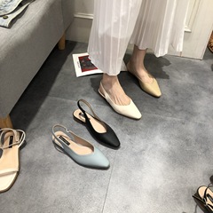 2024夏小方頭淺口粗跟包頭白色涼鞋女鞋後空單鞋一字帶中跟鞋