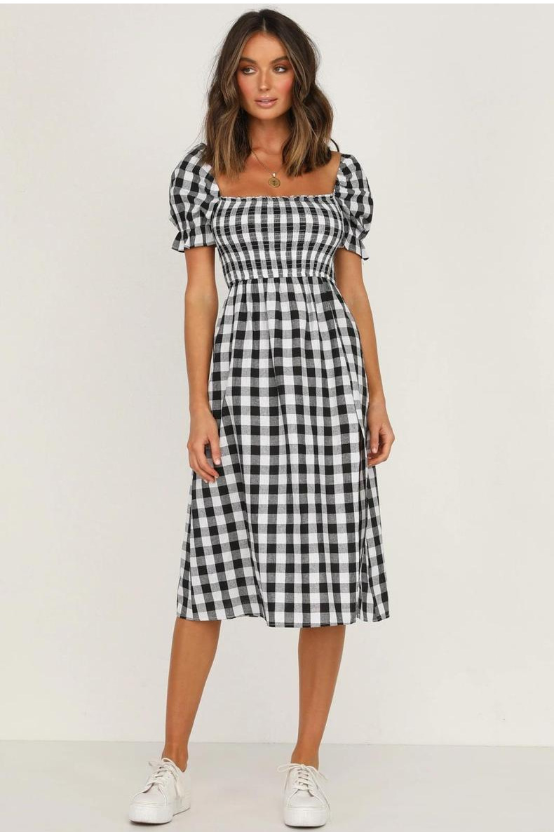 Square Collar Split Plaid Dress NSJRM81745