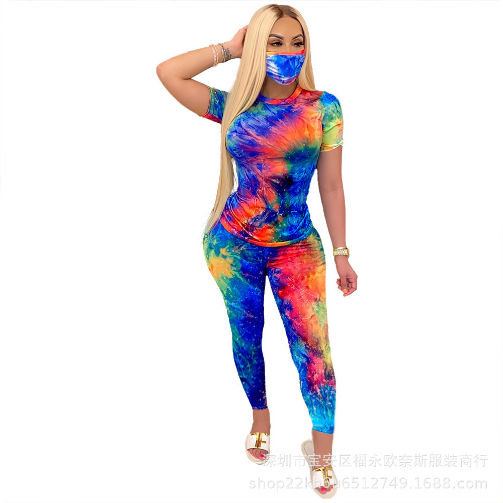 European and American Early Autumn Women's Tie-Dye Round Neck Casual Fashion Home Sports Pants Suit With Mask