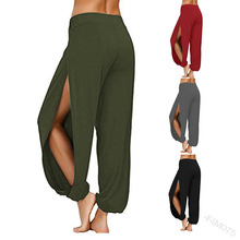 跨境2020wish亚马逊新款性感收腰开叉纯色阔腿瑜伽运动裤女F4M075