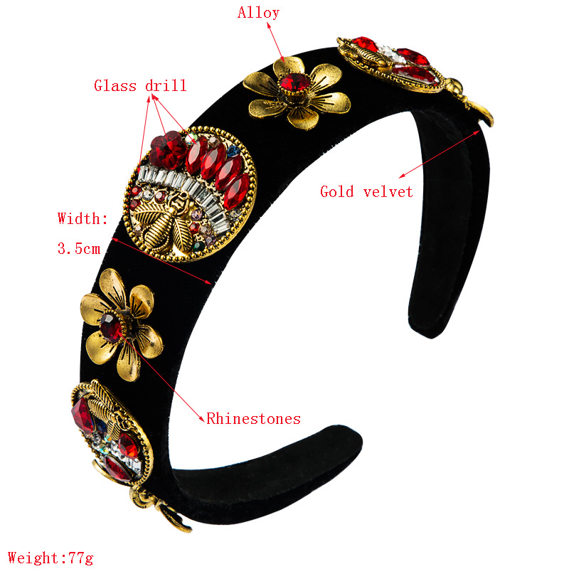 Retro Baroque Palace Style Color Rhinestone Headband Black Gold Velvet Fabric Flower Headband display picture 1