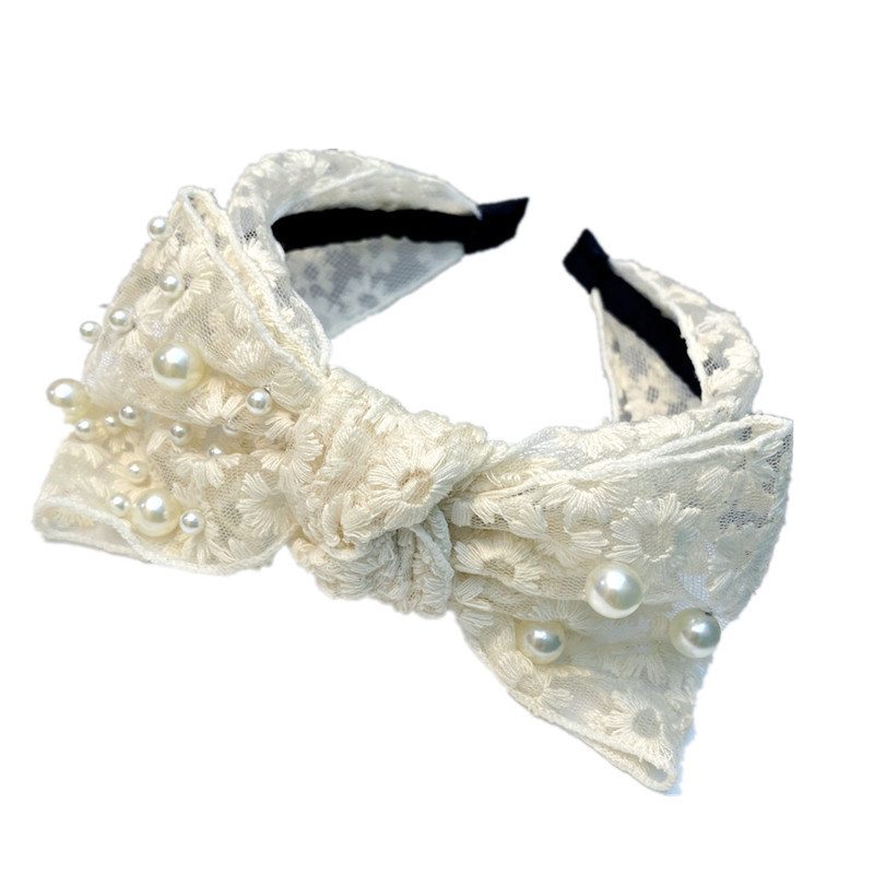 White Lace Bowknot  Pearl Korea Wide Side Knotted Headband display picture 2