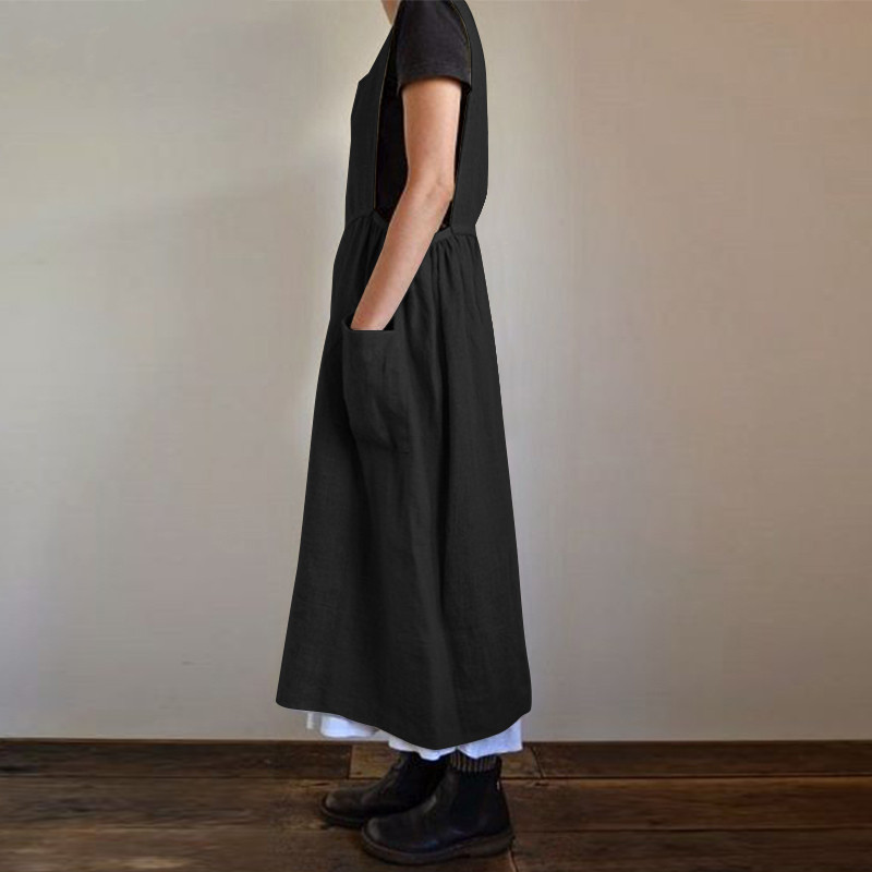 Women Cotton Linen Apron High Waist Long Circumference Home Wear Loose Maxi Dress