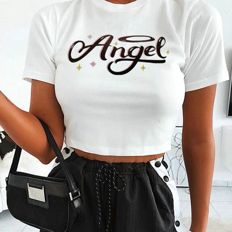 Angel Letter Print Slim Fit Short-Sleeved Cropped T-Shirt NSOSY111526