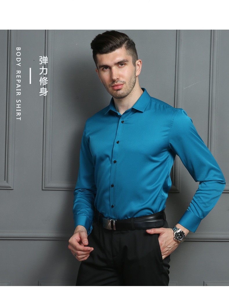 Men's no-iron, anti-wrinkle and elastic shirt, solid color shirt, new men's long-sleeved, trendy business one-piece consignment detail image 1