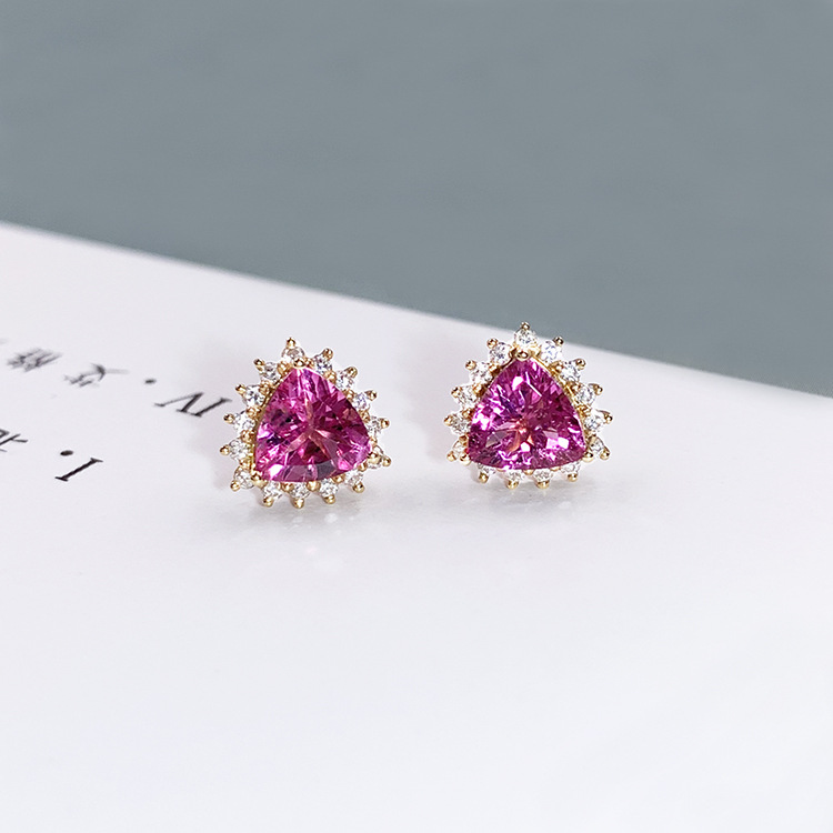 Manufactor Direct selling Rupee Tourmaline Ear Studs 18K Golden Foot natural Diamonds Triangle gemstone Earrings