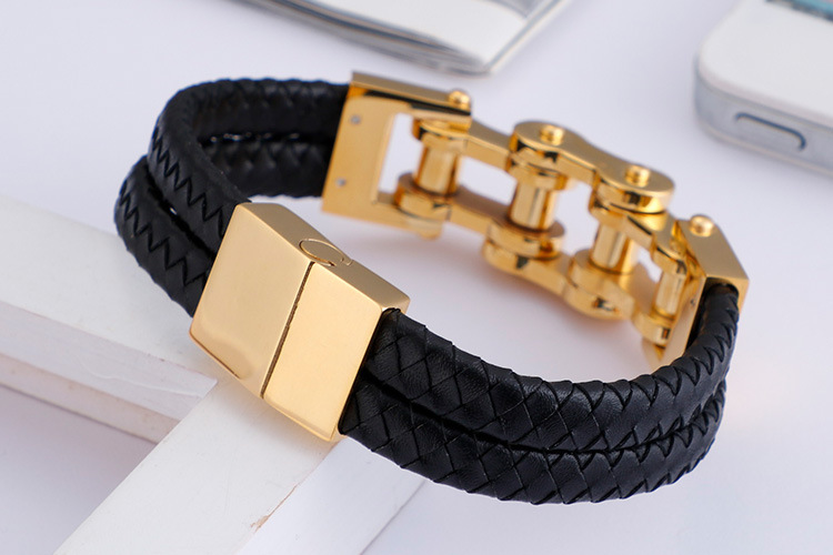 Simple Style Geometric Stainless Steel Pu Leather Plating 18K Gold Plated Men's Bracelets display picture 2
