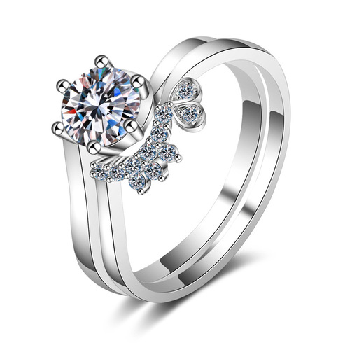 S925 sterling silver ring for women, two-piece set, two-band moissanite ring plated with pt950 gold, factory direct supply and wholesale