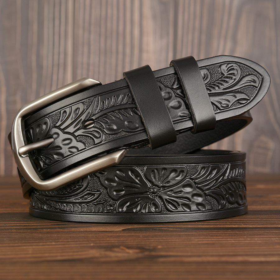 Cintura da uomo in pelle di vacchetta intagliata personalizzata con fibbia ad ago di nuova moda_voghion.com