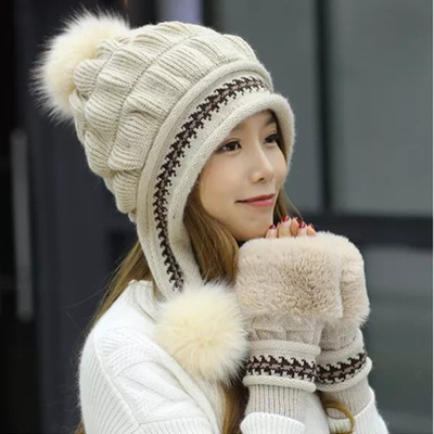 Hat Autumn and winter Versatile keep warm Wool Ear knitting Sets of headgear Windbreak keep warm Lovely glove