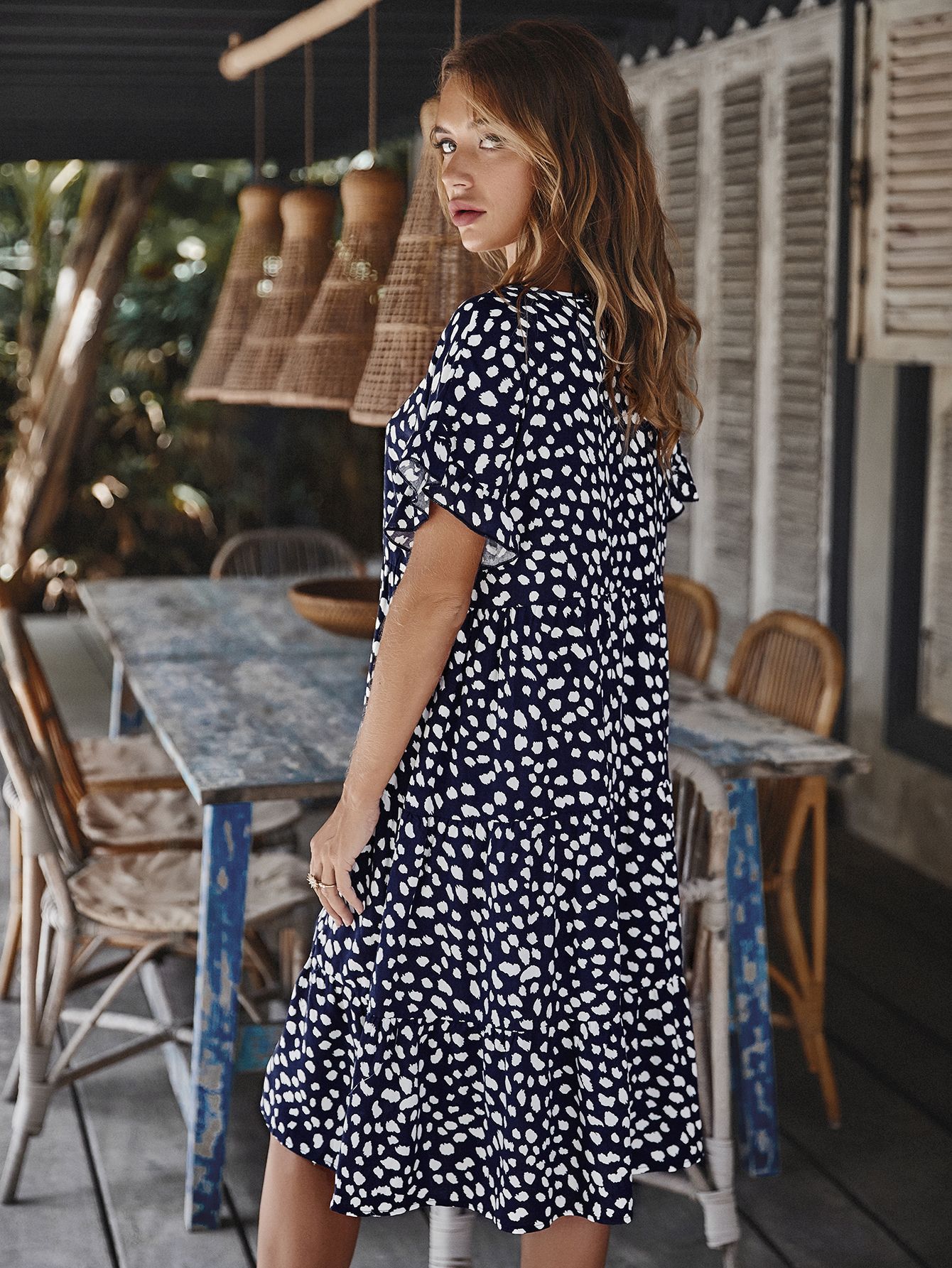 spring lotus sleeve polka dot dress NSDY27085