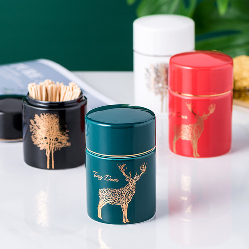 Light luxury emerald ceramic toothpick holder household toothpick box cotton swab storage box bucket restaurant hotel high-end toothpick jar