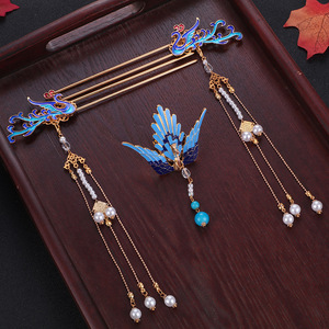 chinese hanfu hair accessory for girls Chinese Hanfu costume headdress: burnt blue peacock; Ming Dynasty hairpin; hairpin crown; cuishao blue hairpin set; ancient hair ornament: tassel