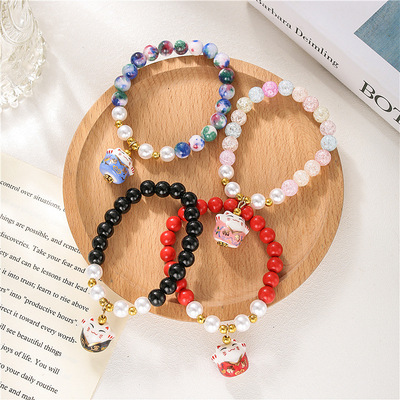 Korean Edition the republic of korea Natural Stone colour crystal Hand string lovely ceramics Fortune cat Pearl Beading Lap Bracelet
