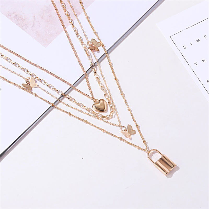 New Necklace 4 Layer Metal Butterfly Necklace Ladies Retro Love Lock Multi-layer Necklace Wholesale Nihaojewelry display picture 4