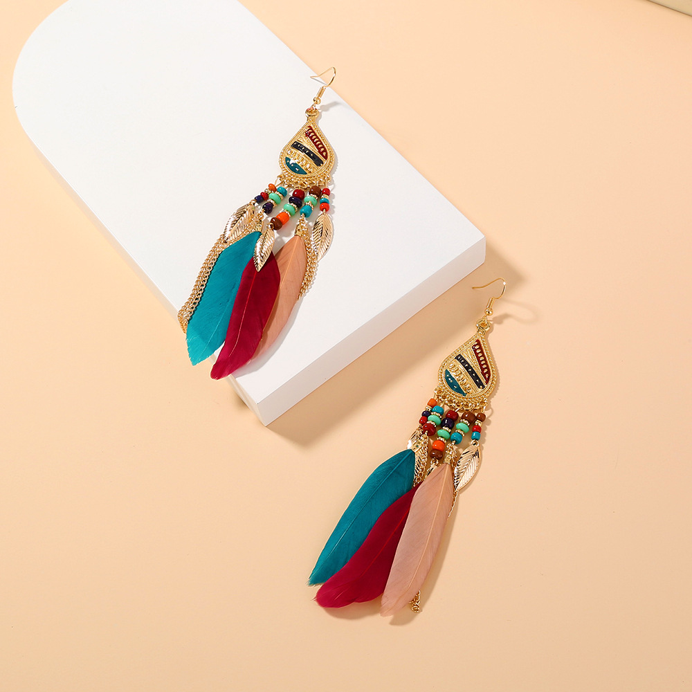 European and American retro palace ethnic bohemian earrings simple feather long tassel earringspicture5