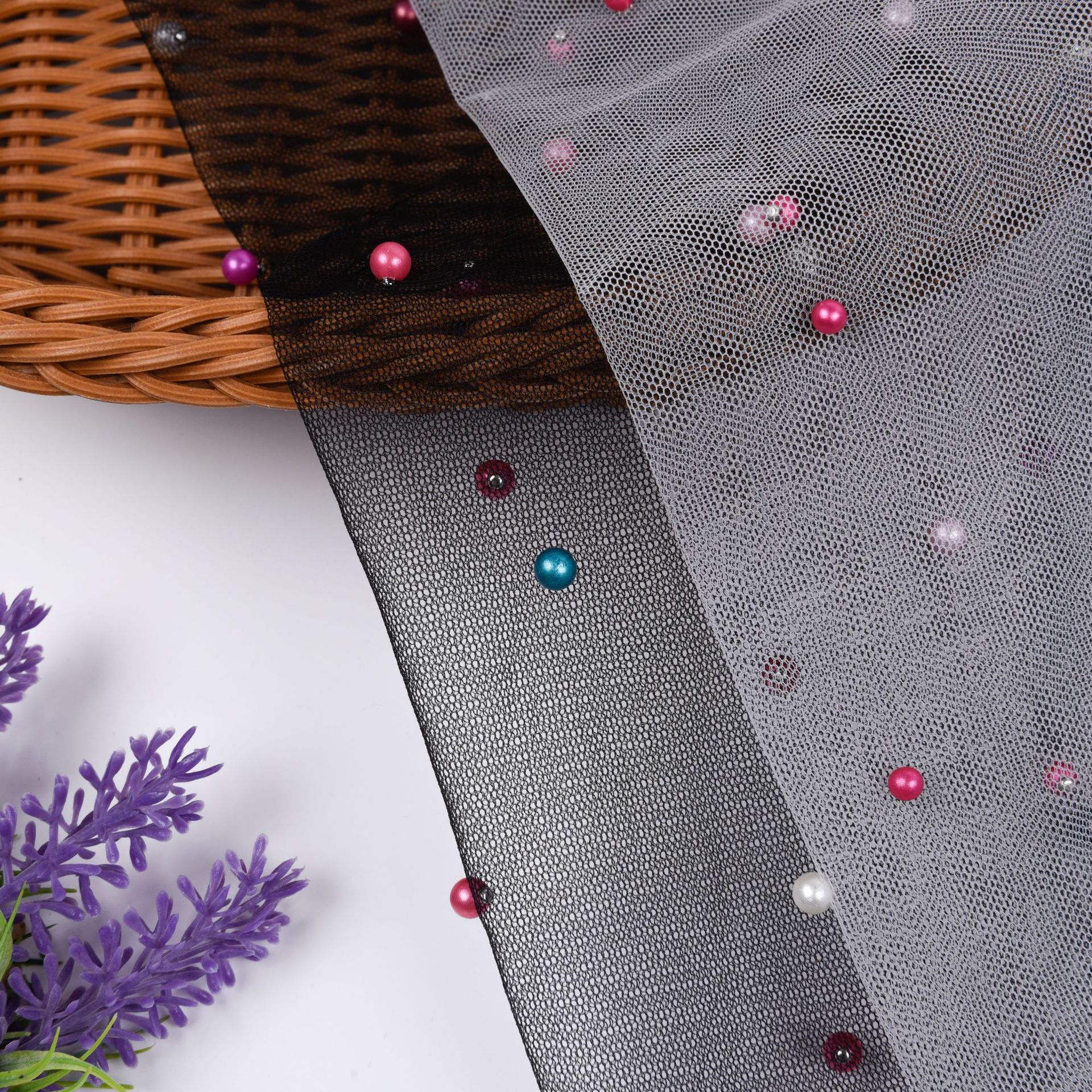 钉珠网纱 30D全涤经编七彩珍珠网纱 女装婚纱礼服面料 珍珠网纱