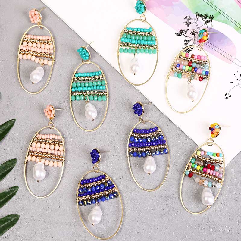 Korean Bohemian Hand Woven Geometric Rice Bead Creative Oval Earrings display picture 5