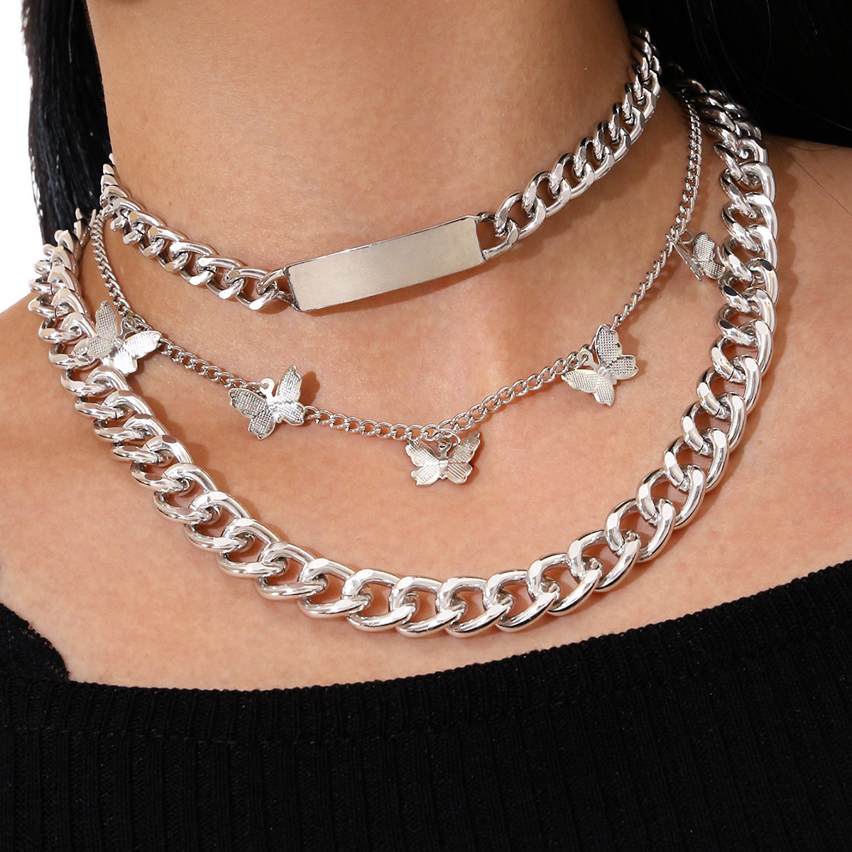 Fashion New Punk Style Long Strip Multi-layer Silver Flower Butterfly Tassel Clavicle Chain Necklace display picture 1