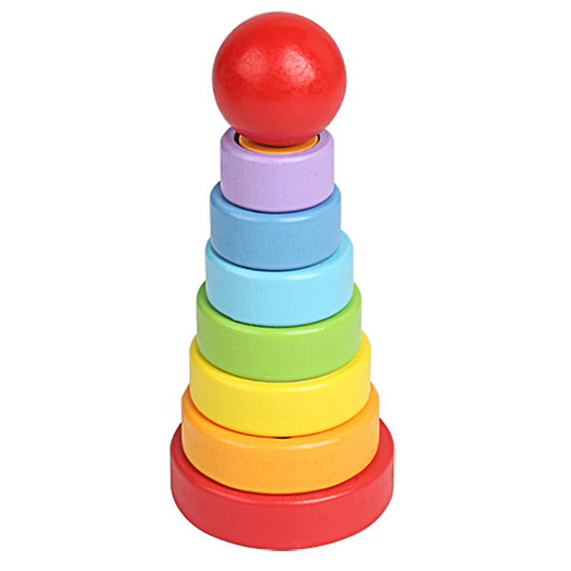 The manufacturer directly supplies wooden geometric rainbow Hanoi Tower children's early education puzzle color shape matching stacked circle toys