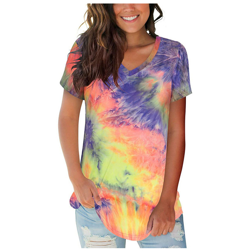 V-Neck Loose Tie-Dye Short-Sleeved T-Shirt NSLGY111053