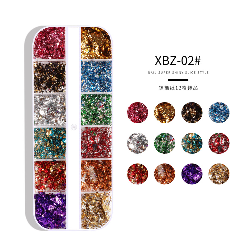 Joyería de hoja de color de uñas de Venta caliente transfronteriza 12 caja de tira de rejilla uñas papel de estaño roto hoja de oro de doble cara hoja de plata joyería