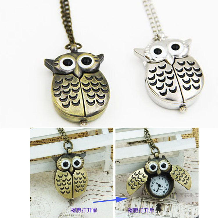 Wholesale Vintage Owl Pocket Watch Sweater Necklace Pendant Watch Owl Keychain Watch Jewelry Decorative Watch