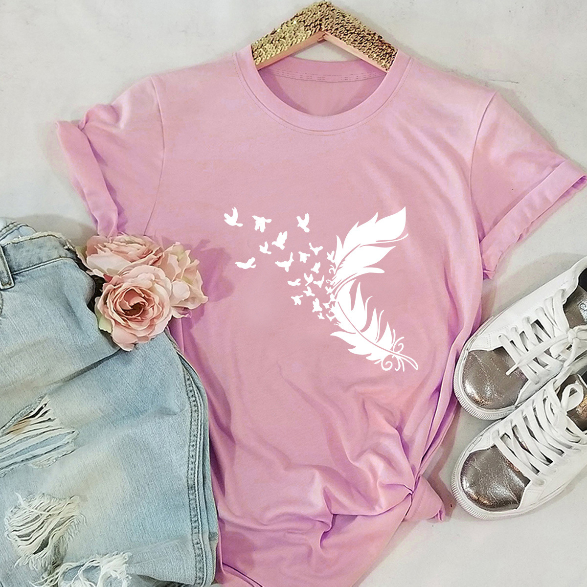   feather bird printed cotton short-sleeved t-shirt women NSSN2680