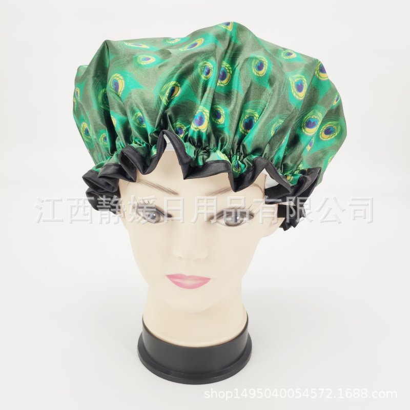 厂家批发印花色丁PEVA浴帽防水双层浴帽成人浴帽外贸亚马逊爆款
