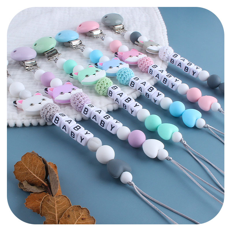 Nuevo clip de chupete Hemu calmante Cadena de chupete de silicona gato mordedor cadena anti-gota amor cuentas de silicona Cadena de chupete