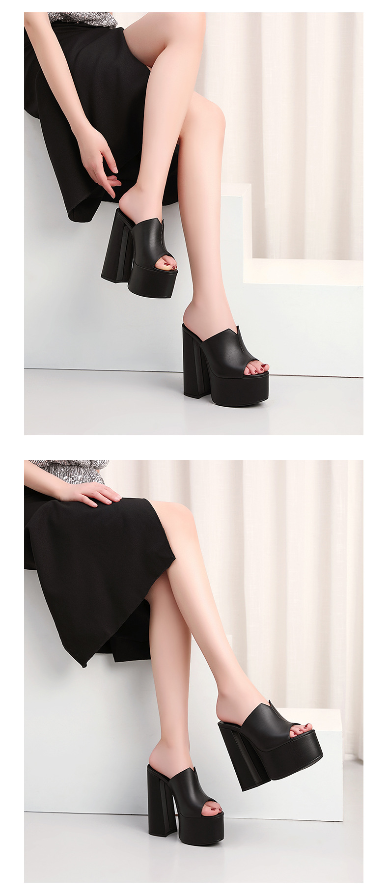 Sandal cao gót nữ hở mũi đế platform da bò mềm gót siêu cao — Màu đen chi tiết 7
