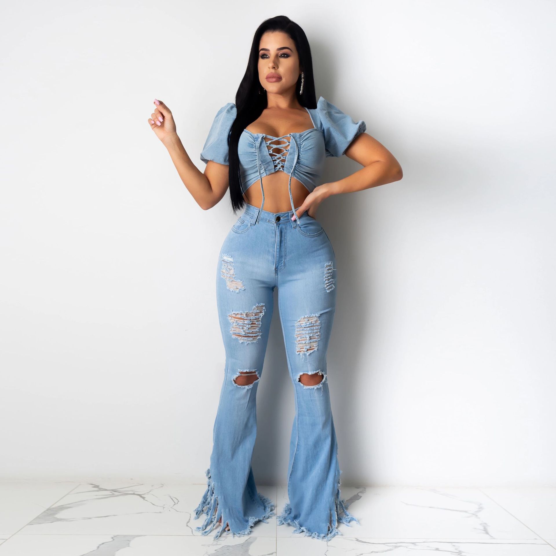 high waist washed torn flared jeans NSSF127763