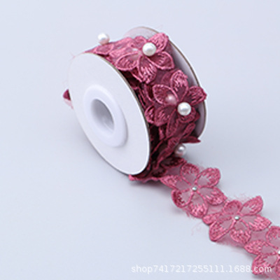 En stock 3,3 cm de una sola capa de flores bordadas de seis pétalos de flores orden perla encaje de organza de encaje ropa de falda de DIY