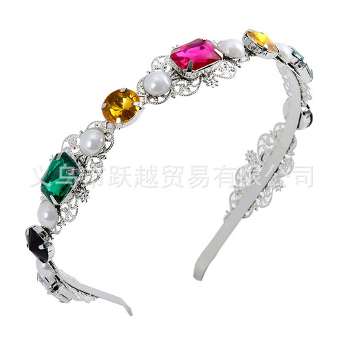 跨境金属水钻发箍花朵合金仿珍珠发饰叶子星星头饰巴洛克复古头箍