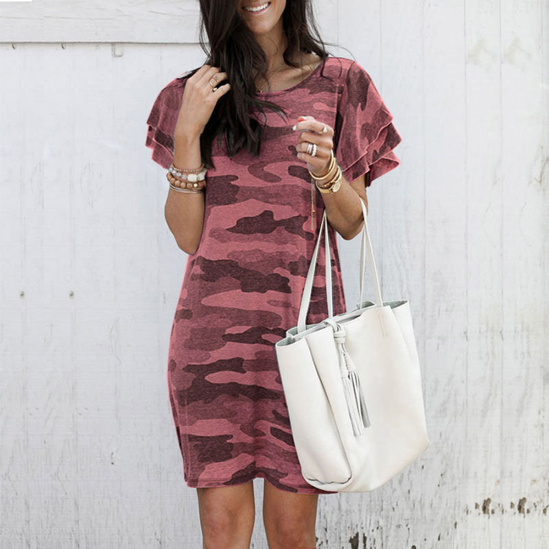 round neck camouflage print short sleeve loose dress NSYF2173