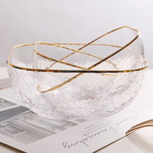 金邊錘目紋四方玻璃碗沙拉碗蔬菜水果碗拌菜碗透明創意網紅甜品碗