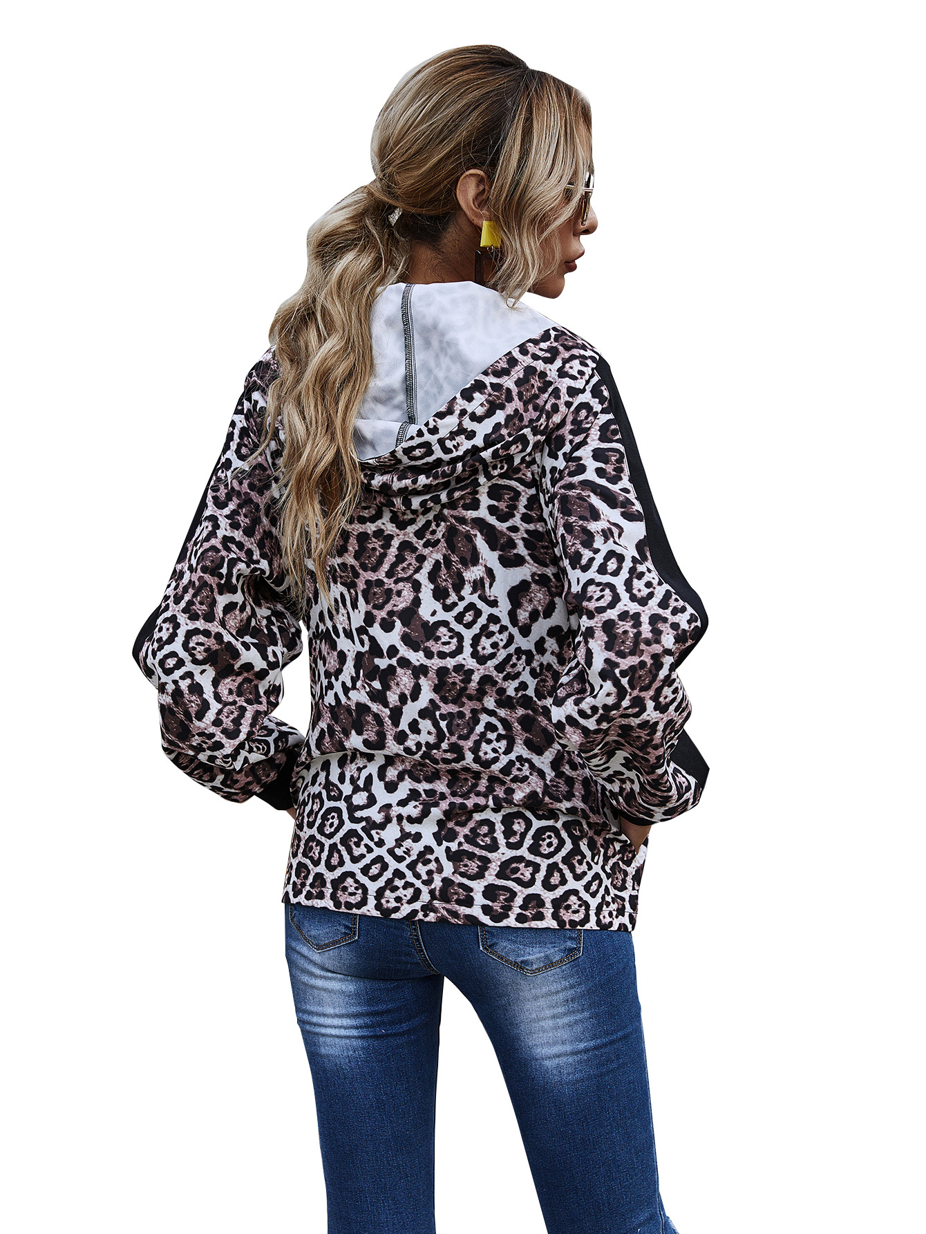 Otoño e invierno nueva venta caliente estampado de leopardo costura chaqueta con capucha NHDF67